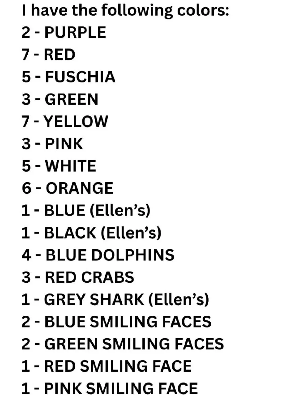 Silicone Bracelet List of Colors & Quantities